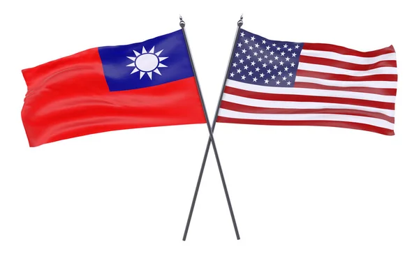 Tayvan ve ABD, iki beyaz arka plan üzerinde izole bayrakları geçti. 3D görüntü