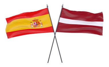 İspanya ve Letonya, iki beyaz arka plan üzerinde izole bayrakları geçti. 3D görüntü