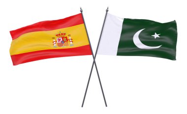 İspanya ve Pakistan, iki beyaz arka plan üzerinde izole bayrakları geçti. 3D görüntü