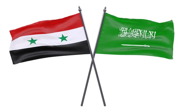 Syrië Saudi Arabië Twee Gekruiste Vlaggen Geïsoleerd Een Witte Achtergrond — Stockfoto