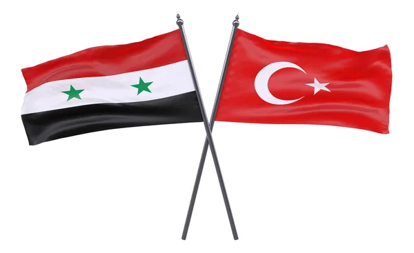 Siria Turchia Due Bandiere Incrociate Isolate Sfondo Bianco Immagine — Foto Stock