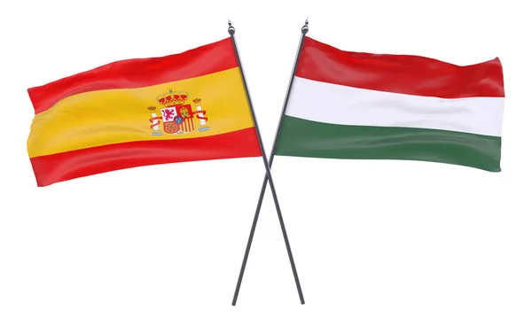 Španělsko Maďarsko Dva Překřížené Příznaky Izolované Bílém Pozadí Obrázek — Stock fotografie