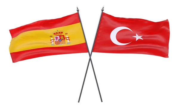 西班牙和土耳其 两个交叉的旗帜被隔离在白色背景上 — 图库照片