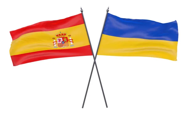 Hiszpanii Ukrainy Dwa Skrzyżowane Flagi Białym Tle Obraz — Zdjęcie stockowe