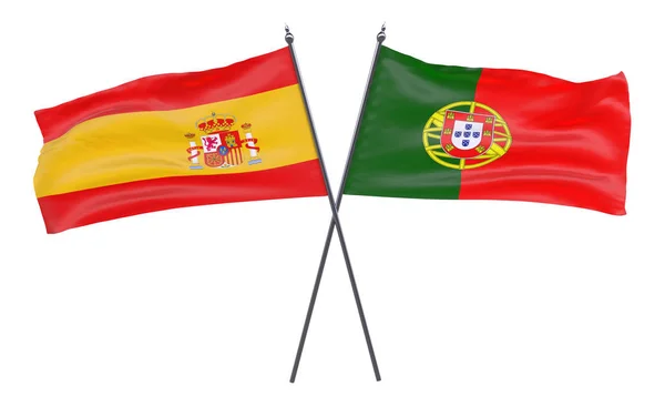 Spanya Portekiz Iki Beyaz Arka Plan Üzerinde Izole Bayrakları Geçti — Stok fotoğraf