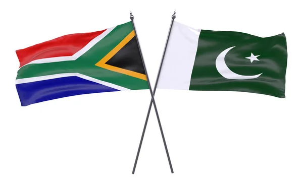 Jihoafrická Republika Pákistán Dva Překřížené Příznaky Izolované Bílém Pozadí Obrázek — Stock fotografie