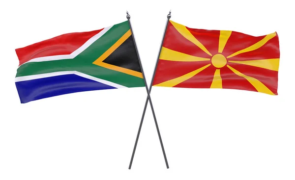 南非和马其顿 两个交叉旗被隔离在白色背景上 — 图库照片