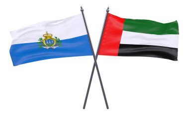 San Marino ve Birleşik Arap Emirlikleri, iki beyaz arka plan üzerinde izole bayrakları geçti. 3D görüntü