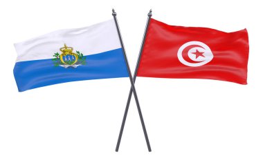 San Marino ve Tunus, iki beyaz arka plan üzerinde izole bayrakları geçti. 3D görüntü