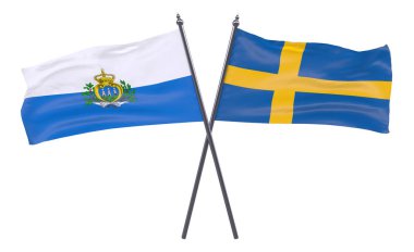 San Marino ve İsveç, iki beyaz arka plan üzerinde izole bayrakları geçti. 3D görüntü