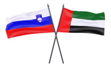 Slovenya ve Birleşik Arap Emirlikleri, iki beyaz arka plan üzerinde izole bayrakları geçti. 3D görüntü