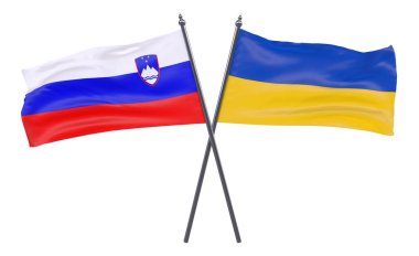 Slovenya ve Ukrayna, iki beyaz arka plan üzerinde izole bayrakları geçti. 3D görüntü