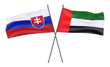 Slovakya ve Birleşik Arap Emirlikleri, iki beyaz arka plan üzerinde izole bayrakları geçti. 3D görüntü
