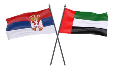 Sırbistan ve Birleşik Arap Emirlikleri, iki beyaz arka plan üzerinde izole bayrakları geçti. 3D görüntü