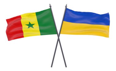 Senegal ve Ukrayna, iki beyaz arka plan üzerinde izole bayrakları geçti. 3D görüntü