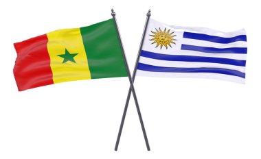 Senegal ve Uruguay, iki beyaz arka plan üzerinde izole bayrakları geçti. 3D görüntü