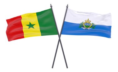 Senegal ve San Marino, iki beyaz arka plan üzerinde izole bayrakları geçti. 3D görüntü