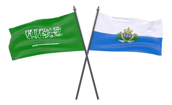 Saúdská Arábie San Marino Dva Překřížené Příznaky Izolované Bílém Pozadí — Stock fotografie