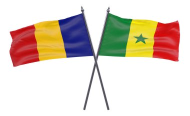 Romanya ve Senegal, iki beyaz arka plan üzerinde izole bayrakları geçti. 3D görüntü