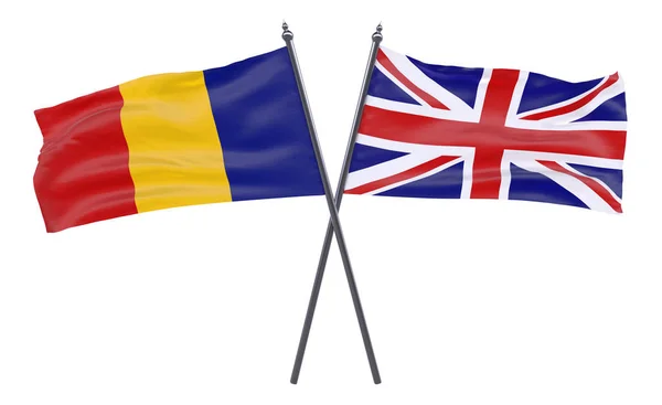 罗马尼亚和英国 两个交叉的旗帜在白色背景下被隔离 — 图库照片