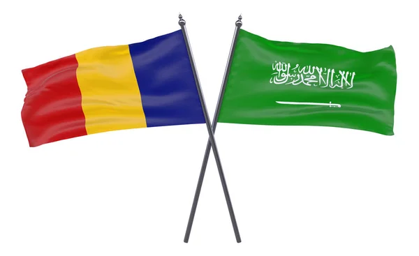 Rumunsko Saúdské Arábie Dva Překřížené Příznaky Izolované Bílém Pozadí Obrázek — Stock fotografie