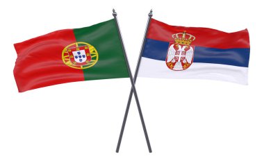 Portekiz ve Sırbistan, iki beyaz arka plan üzerinde izole bayrakları geçti. 3D görüntü