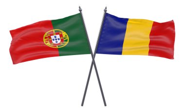 Portekiz ve Romanya, iki beyaz arka plan üzerinde izole bayrakları geçti. 3D görüntü