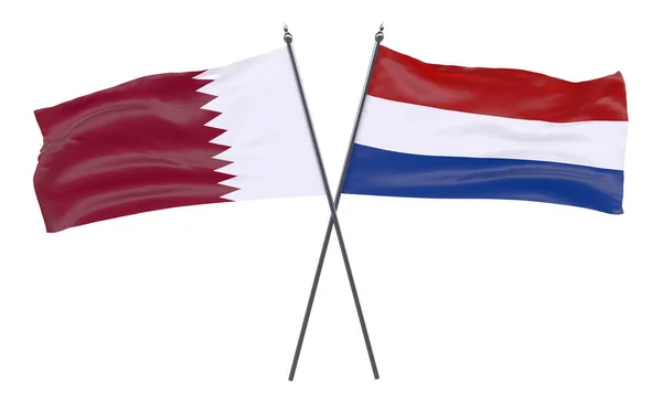 Catar Holanda Duas Bandeiras Cruzadas Isoladas Fundo Branco Imagem — Fotografia de Stock
