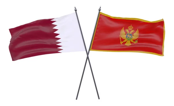 Qatar Montenegro Duas Bandeiras Cruzadas Isoladas Fundo Branco Imagem — Fotografia de Stock