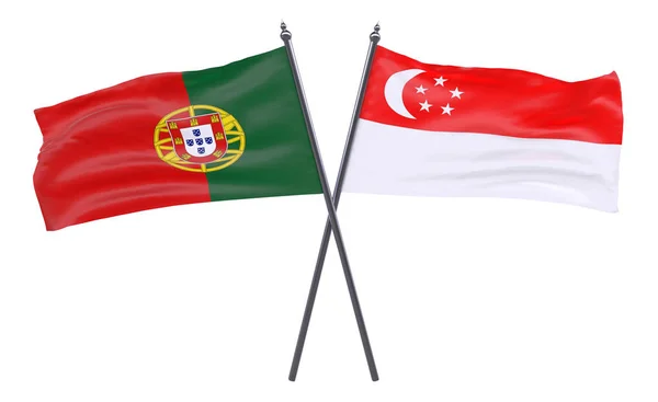 Portekiz Singapur Iki Beyaz Arka Plan Üzerinde Izole Bayrakları Geçti — Stok fotoğraf