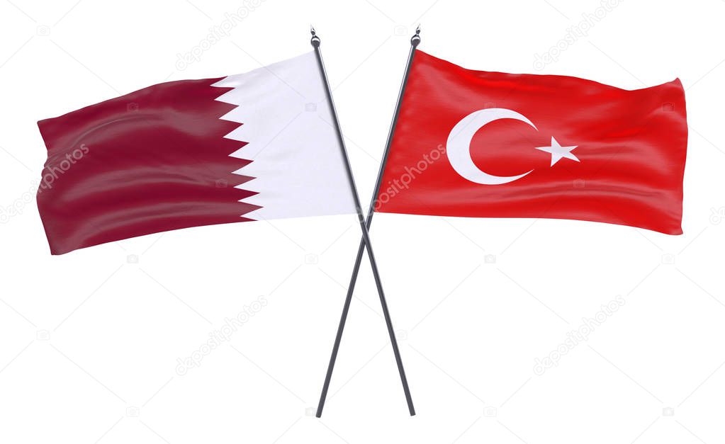 Qatar y Turquía, dos banderas cruzadas aisladas sobre fondo blanco