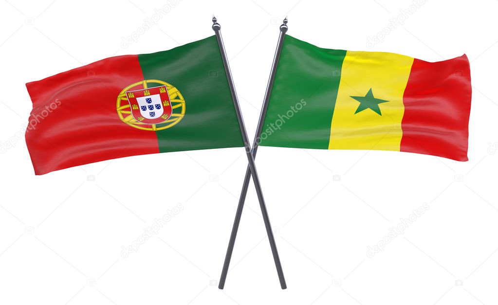 Portugal and Senegal, two crossed flags isolated on white background. 3d image