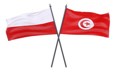 Polonya ve Tunus, iki beyaz arka plan üzerinde izole bayrakları geçti. 3D görüntü