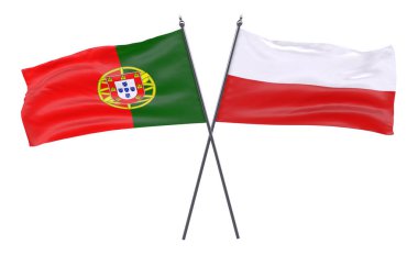 Polonya ve Portekiz, iki beyaz arka plan üzerinde izole bayrakları geçti. 3D görüntü