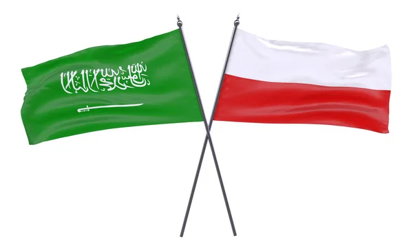 Polsku Saúdské Arábie Dva Překřížené Příznaky Izolované Bílém Pozadí Obrázek — Stock fotografie