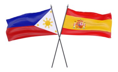 Pilippines ve İspanya, iki beyaz arka plan üzerinde izole bayrakları geçti. 3D görüntü