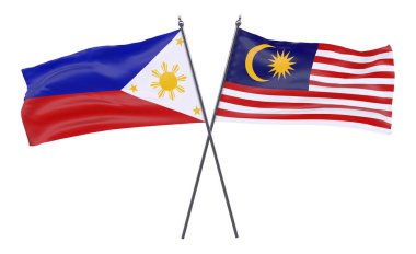 Pilippines ve Malezya, iki beyaz arka plan üzerinde izole bayrakları geçti. 3D görüntü