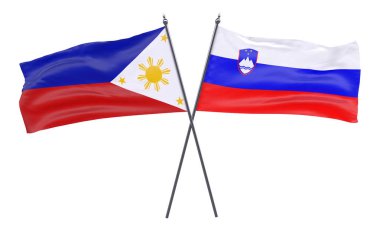 Pilippines ve Slovenya, iki beyaz arka plan üzerinde izole bayrakları geçti. 3D görüntü