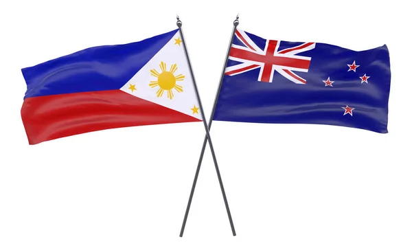 Пилиппины Новая Зеландия Два Скрещенных Флага Изолированы Белом Фоне Изображение — стоковое фото