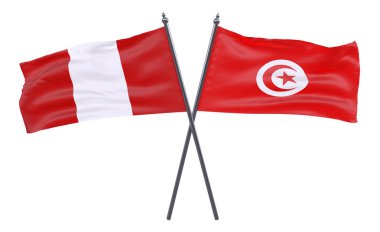 Peru ve Tunus, iki beyaz arka plan üzerinde izole bayrakları geçti. 3D görüntü