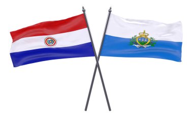 Paraguay ve San Marino, iki beyaz arka plan üzerinde izole bayrakları geçti. 3D görüntü