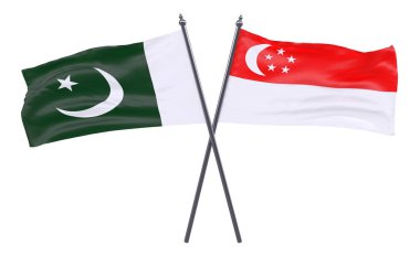 Pakistan ve Singapur, iki beyaz arka plan üzerinde izole bayrakları geçti. 3D görüntü