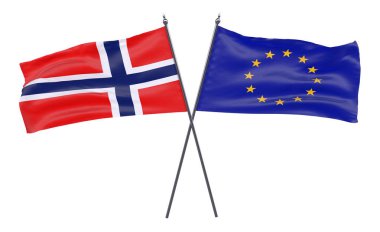 İki beyaz arka plan üzerinde izole bayrakları Norveç ve Avrupa Birliği, geçti. 3D görüntü