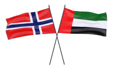 Norveç ve Birleşik Arap Emirlikleri, iki beyaz arka plan üzerinde izole bayrakları geçti. 3D görüntü