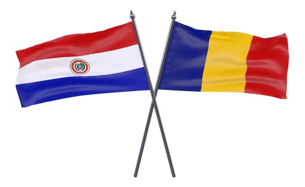 Paraguay Rumunsko Dva Překřížené Příznaky Izolované Bílém Pozadí Obrázek — Stock fotografie