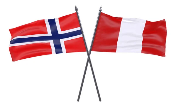 Noorwegen Peru Twee Gekruiste Vlaggen Geïsoleerd Een Witte Achtergrond Afbeelding — Stockfoto