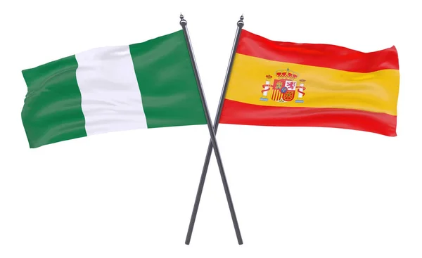 Nigérie Španělska Dva Překřížené Příznaky Izolované Bílém Pozadí Obrázek — Stock fotografie