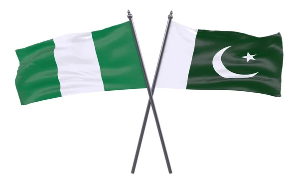 Nigéria Pakisztán Két Keresztbe Zászlók Elszigetelt Fehér Background Kép — Stock Fotó