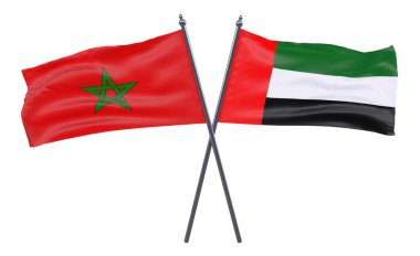 Fas ve Birleşik Arap Emirlikleri, iki beyaz arka plan üzerinde izole bayrakları geçti. 3D görüntü