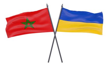 Fas ve Ukrayna, iki beyaz arka plan üzerinde izole bayrakları geçti. 3D görüntü